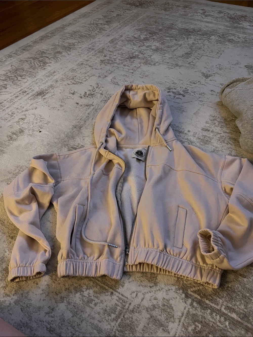 Cropped Hooded Bomber Jacket in Light Beige